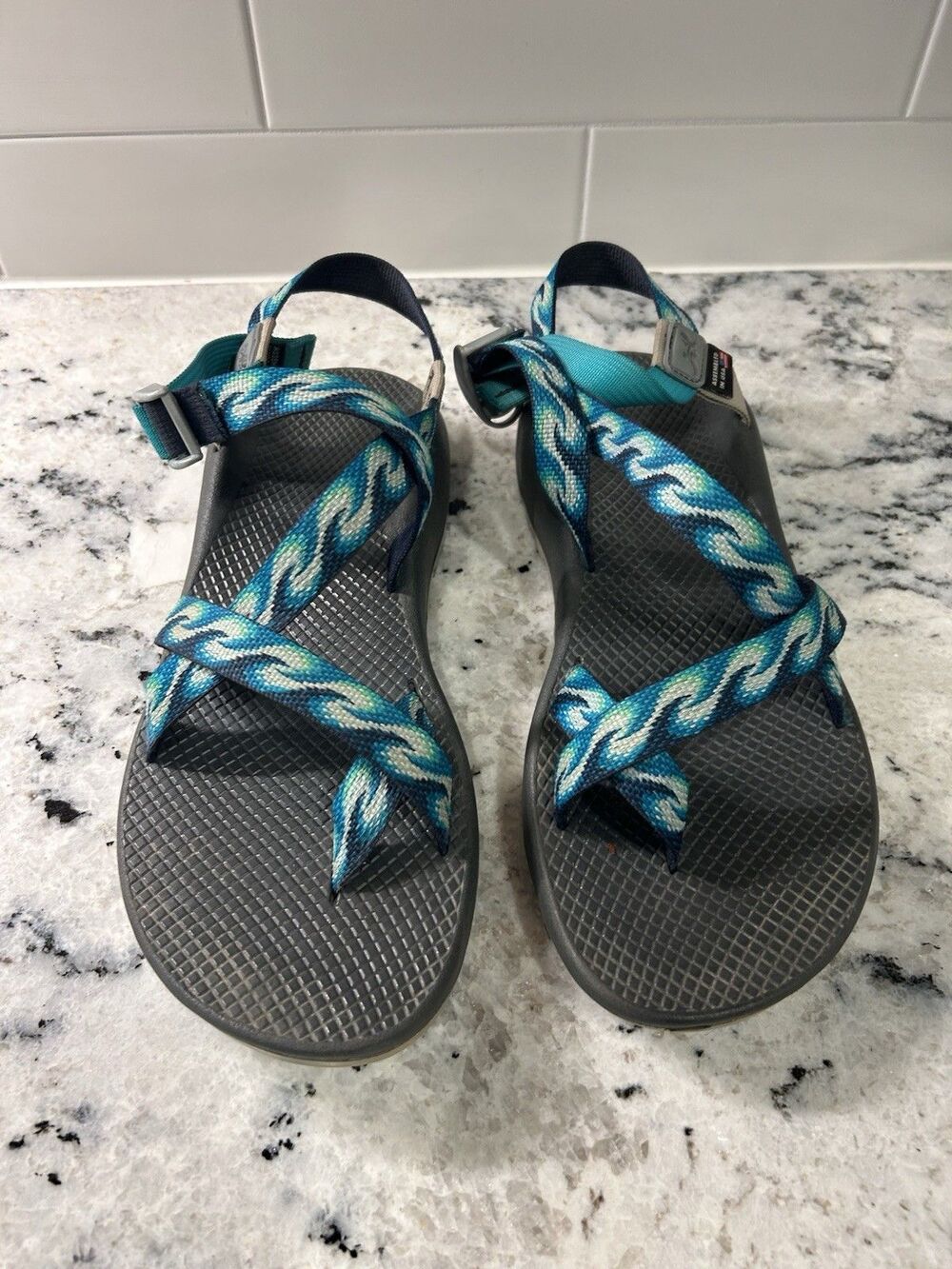 Chaco Womens Classic Blue Green Geometric Print Sandals Women Sz 12 Hiking Water